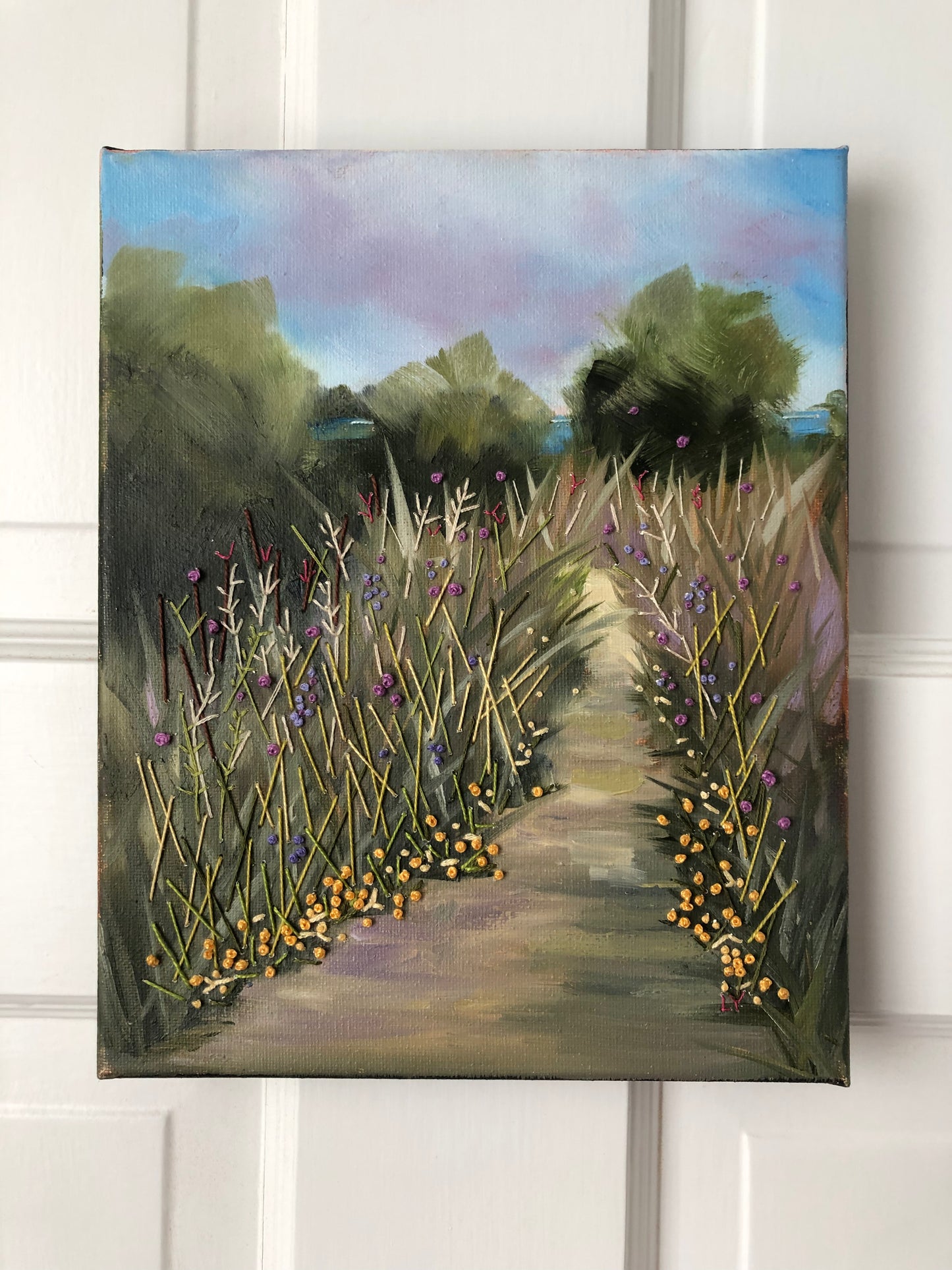 Morning Hike (oil and thread)