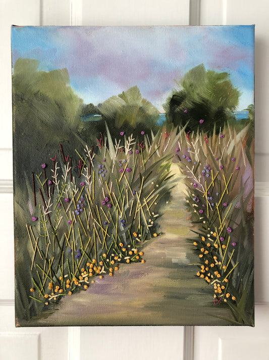 Morning Hike (oil and thread)