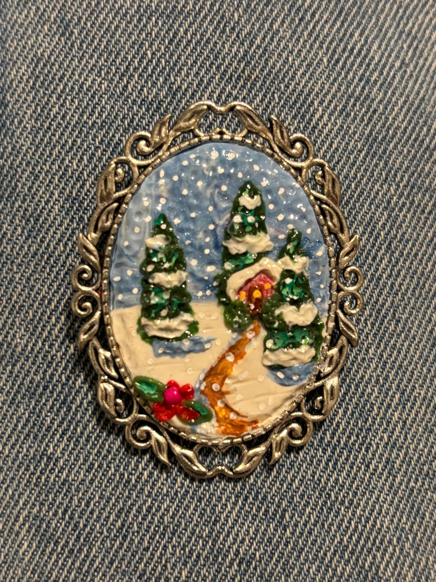 Winter scene clay brooch