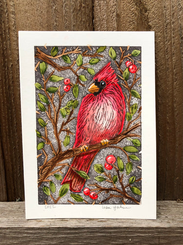 Cardinal - linocut block print, hand watercolored