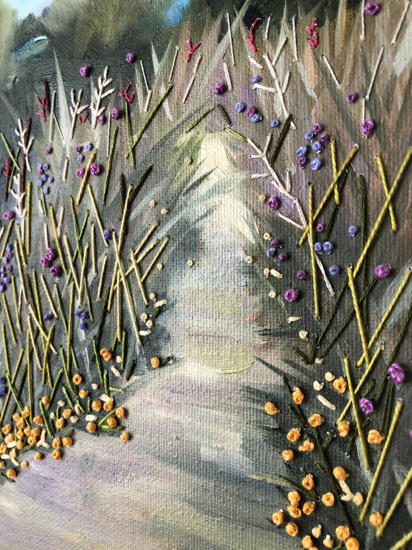 Morning Hike (oil and thread)