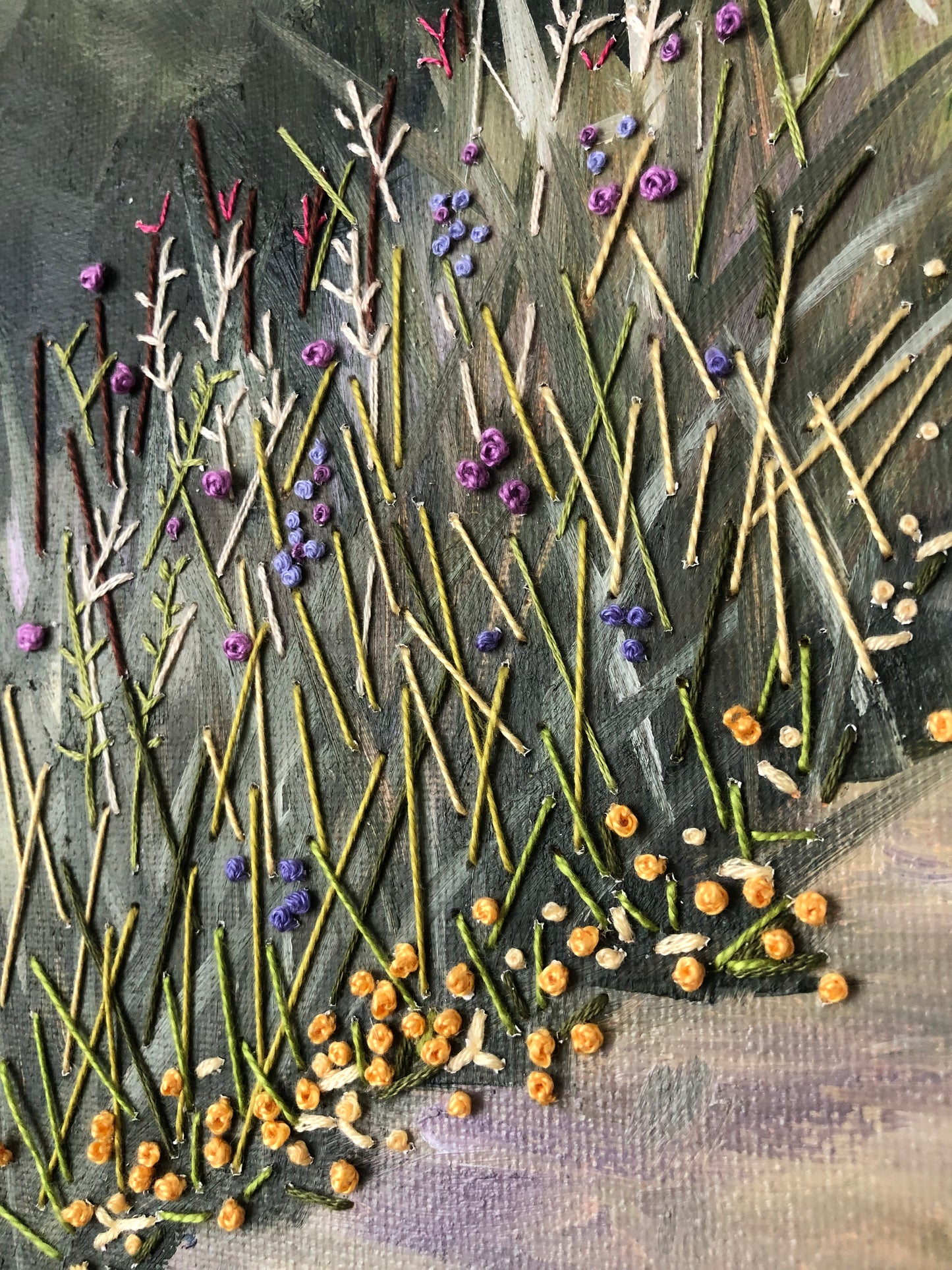 Morning Hike (oil and thread)