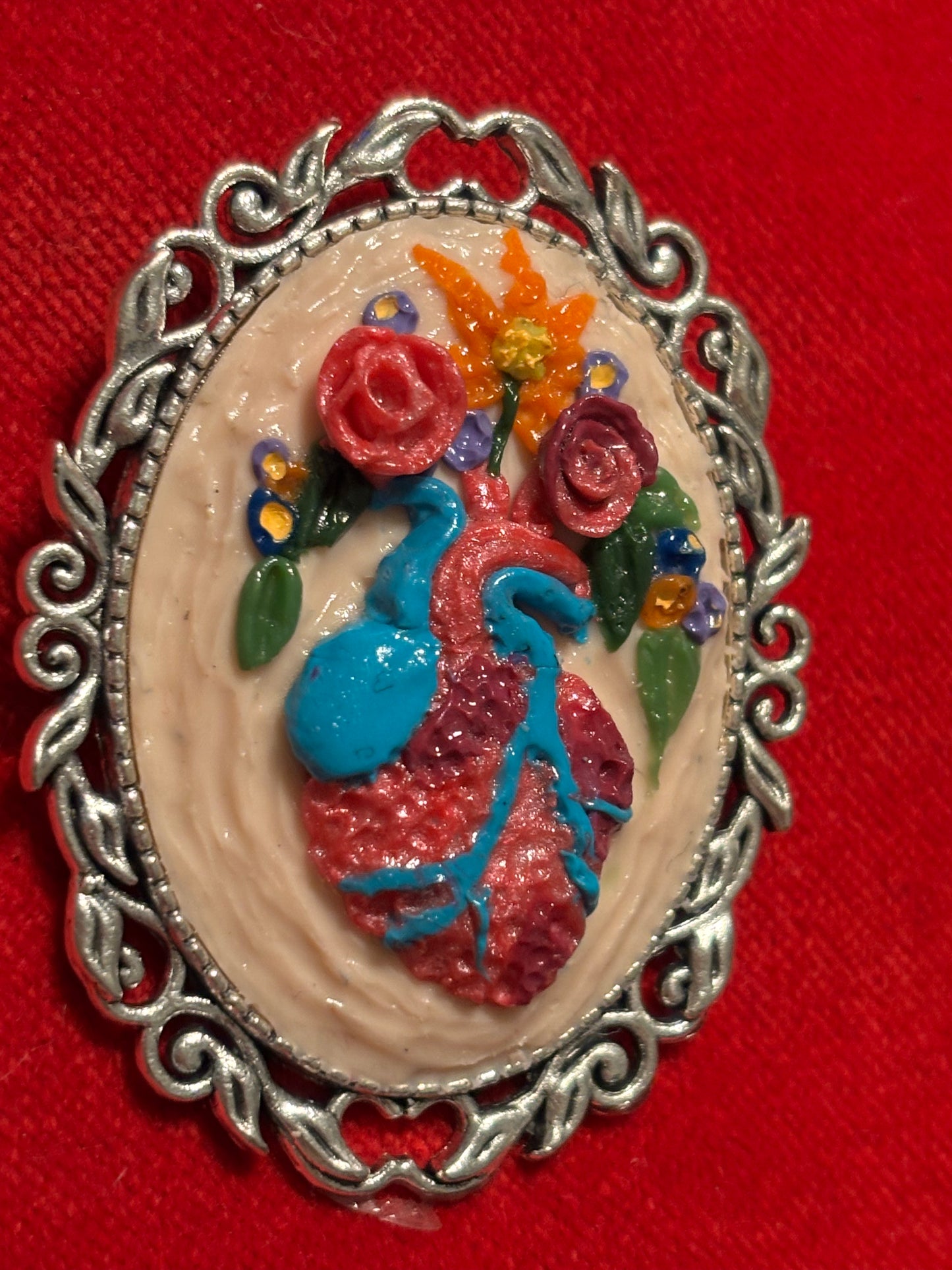 Blooming heart clay brooch